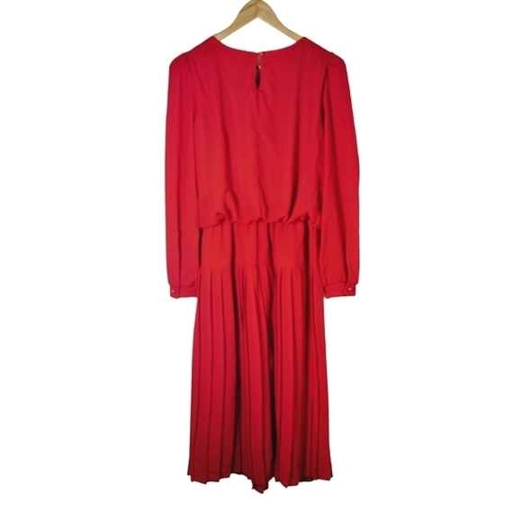 Vintage 1970s Cami Red Long Sleeves Drop-waist Pleated Midi Dress Womens Size 10 - Picture 9 of 15